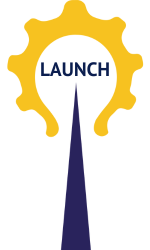 A yellow lightbulb cog graphic with the word launch