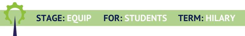 A green banner with lightbulb cog graphic and the words stage:equip, for: students, term: hilary