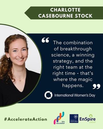A graphic featuring a photo of Charlotte Casebourne Stock and an inspirational quote