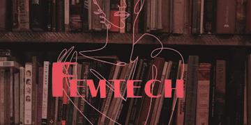 Femtech book launch Book case with an overlay of the FemTech logo
