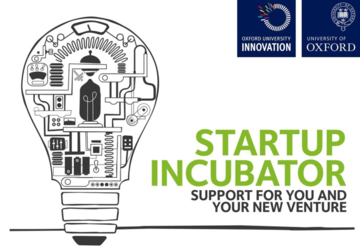 startup incubator logo text next to a bulb graphic full of machinery